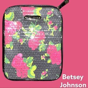 Betsey Johnson black tablet cover with fuchsia roses under clear sequins…